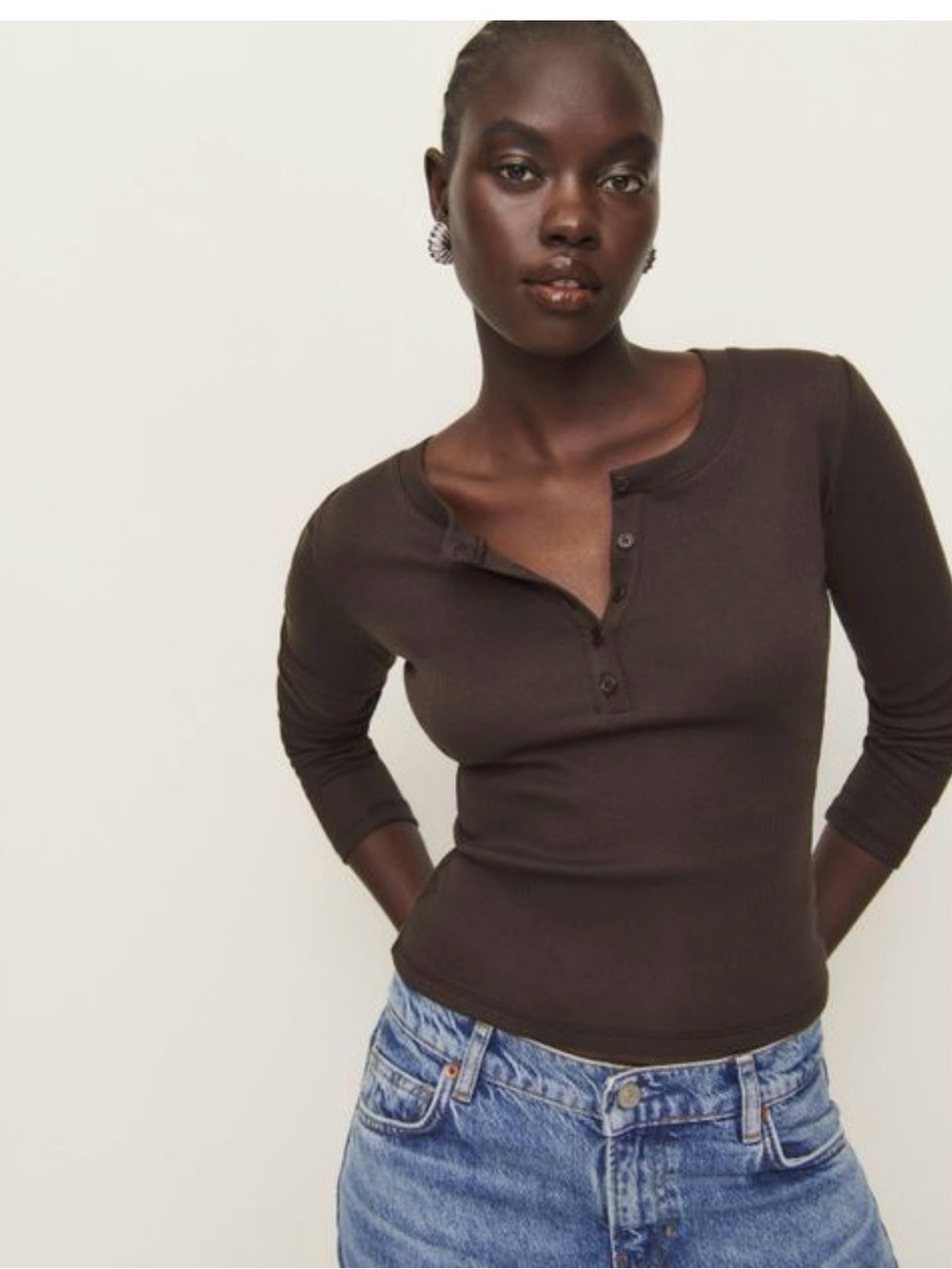 Reformation Jayden Long Sleeve Ribbed Henley Tee brown L